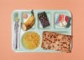 Colorful Lunch Break School Lunch on Green Cafeteria Tray Themes Shot Top Down Overhead View Peach Background