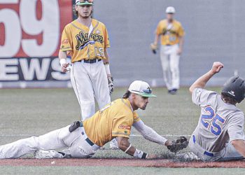 Miners secomd baseman Kenneth Melendez, left, attempts to tag out Champion City’s Brady Emerson at second on a sucessful steal attempt during Wednesday evening action in Beckley. (F. Brian Ferguson/Lootpress)