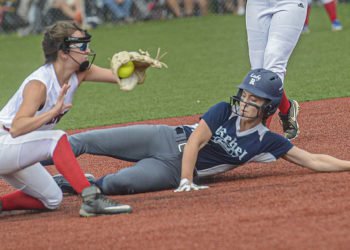 Midland Trail’s Chezney Skaggs waits for the throw from home as Ritchie County’s Alyvia Pittman slides in safely for the steal during Tuesday WV State Tournament action in South Charleston. (F. Brian Ferguson/Lootpress)