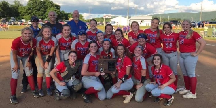 The Lady Patriots celebrate after winning the Class A Region 3 championship Tuesday in Lindside. (Submitted Photo: Amy Stonestreet)