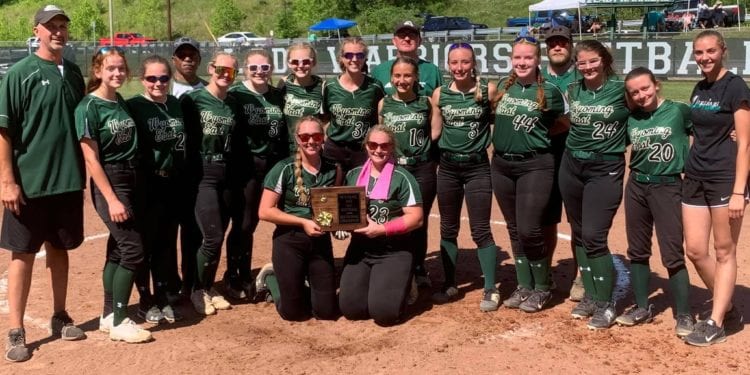 The Lady Warriors pose with the sectional championship plaque after beating Bluefield in the Region 3, Section 1 championship game on Saturday in New Richmond.
(Mike Kodak)