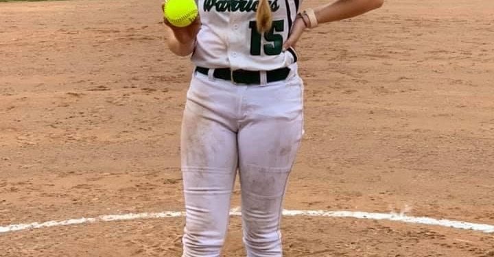 Wyoming East pitcher Olivia Hylton poses with the game ball after pitching a perfect game Wednesday in New Richmond. (Submitted Photo)