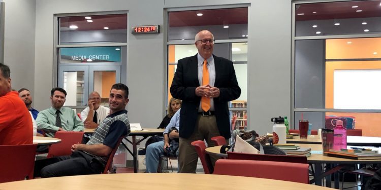 Fayette County Superintendent Gary Hough addresses school personnel and media at Tuesday's luncheon.
