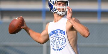 Princeton quarterback Grant Cochran winds up to pass during a practice at Princeton High School. (Greg Barnett Photography)