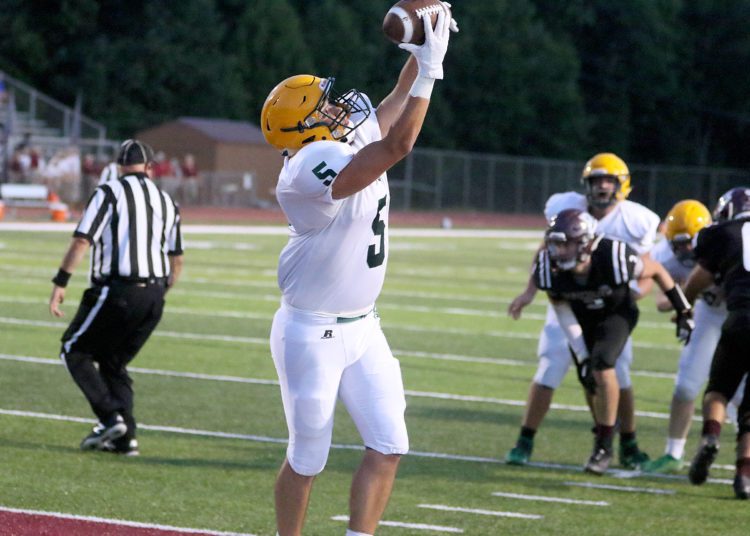 (Brad Davis/For LootPress) Greenbrier East's Braden Bragg hauls in a catch in the endzone for a touchdown against Woodrow Wilson Friday night in Beckley.