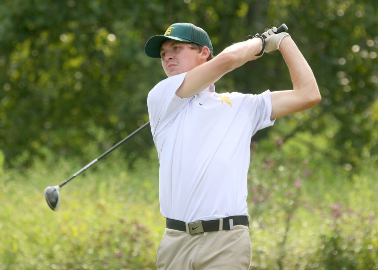 (Brad Davis/For LootPress) Greenbrier East's Zach Patton tees off during a high school golf event at Bridge Haven Golf Club Wednesday afternoon.