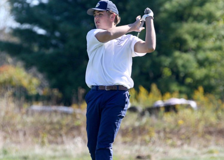 (Brad Davis/For LootPress) Shady Spring's Tanner Vest tees off on no. 9 during the Class AA, Region 3 Tournament Monday afternoon at Grandview.