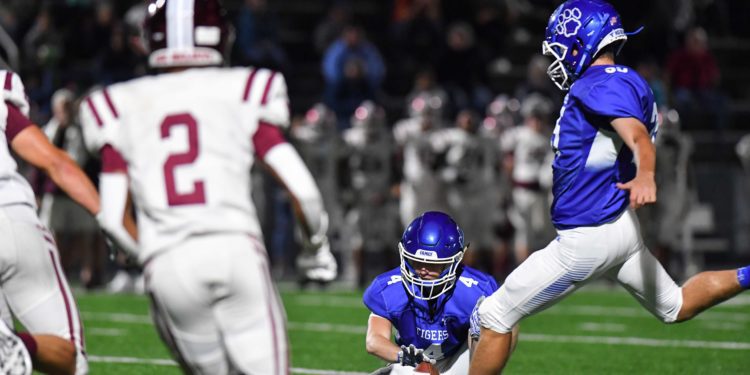 Princeton's Casey Geso kicks the game-winning field goal as time expires in Princeton 39-36 victory over Bluefield Sept. 3, 2021 at Hunnicutt Stadium. (Greg Barnett/For Lootpress)