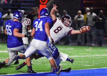 Bluefield quarterback Ryker Brown reaches for the end zone during a game against Princeton on Friday Sept. 3 (Greg Barnett)