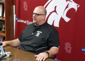 Concord football coach Dave Walker talks during his media availability in August.