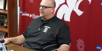 Concord football coach Dave Walker talks during his media availability in August.