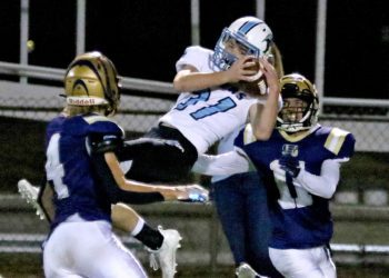 (Brad Davis/For LootPress) Mingo Central defensive back Nathan Hynd leaps to intercept a pass intended for Shady Spring's Jacob Showalter Friday night at Shady.