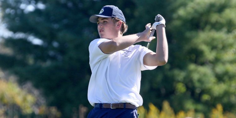 (Brad Davis/For LootPress) Shady Spring's Tanner Vest tees off on no. 9 during the Class AA, Region 3 Tournament at Grandview.