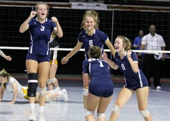 (Brad Davis/For LootPress) Shady Spring players react after defeating Oak Glen to advance to their third straight championship game during semifinal action at the State High School Volleyball Tournament Friday night at the Charleston Civic Center.