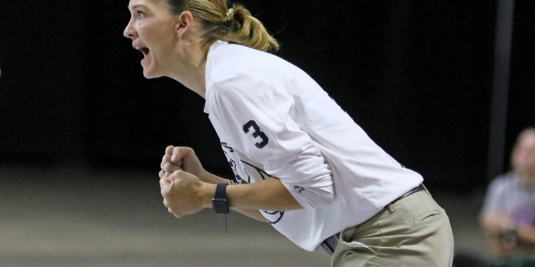 (Brad Davis/For LootPress) Shady Spring head coach Kelly Williams encourages her team as they take on Philip Barbour during the Class AA Championship match Saturday morning at the Charleston Civic Center.