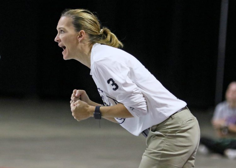 (Brad Davis/For LootPress) Shady Spring head coach Kelly Williams encourages her team as they take on Philip Barbour during the Class AA Championship match Saturday morning at the Charleston Civic Center.