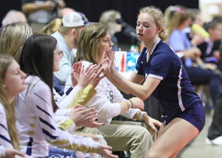 (Brad Davis/For LootPress) Shady Spring's Haley Sweeney gets high fives from her teammates as she comes to the bench during the Class AA Championship match against Philip Barbour Saturday morning at the Charleston Civic Center.