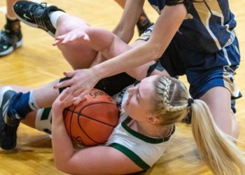 Wyoming East's Hannah Blankenship dives for a loose ball during a matchup with Shady Spring on Nov. 30 in New Richmond. (Heather Belcher/Lootpress)
