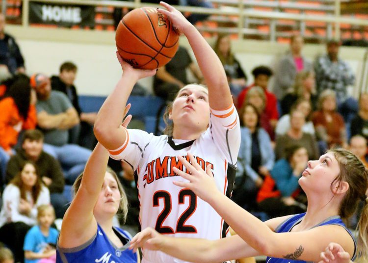 (Brad Davis/For The LootPress) Summers County's Maggie Stover drives to the basket Montcalm's Jaden Lambert, left, and Kalileig Hodges defend during Friday action at the Rogers Oil Classic in Hinton.