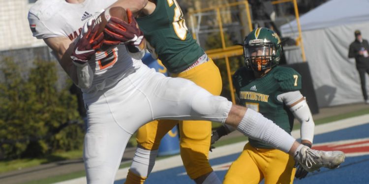 Martinsburg wide receiver Hudson Clement battles for a pass during the Class AAA state championship game against Huntington. Clement has been named as the recipient of the Moss Award as the top wide receiver in West Virginia.
(Photo by Rick Kozlowski)