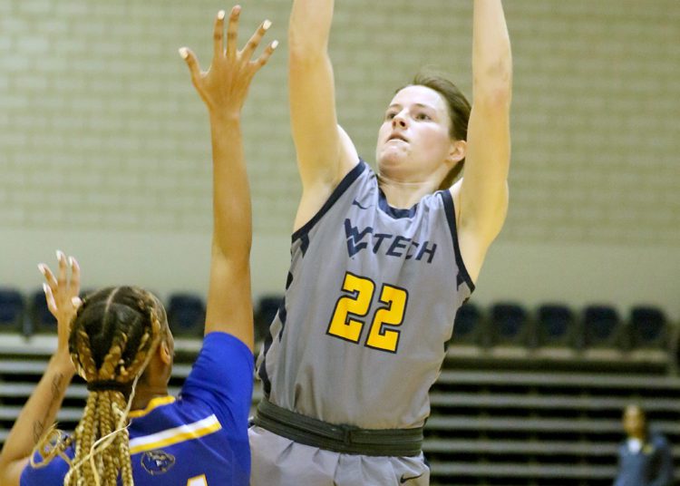 (Brad Davis/For LootPress) WVU Tech's Alyssa Taylor shoots from three-point range as Brescia's Jacqueline Jackson defends Saturday afternoon in Summersville.