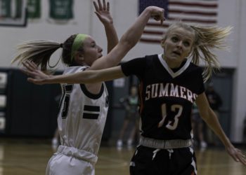 Summers County's Sullivan Pivont closes out on Wyoming East's Maddie Clark during a game in New Richmond on Jan. 27 (File Photo/Tina Laney)