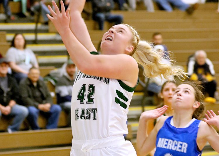 (Brad Davis/For LootPress) Wyoming East's Hannah Blankenship scores against Mercer Christian Thursday night in New Richmond.