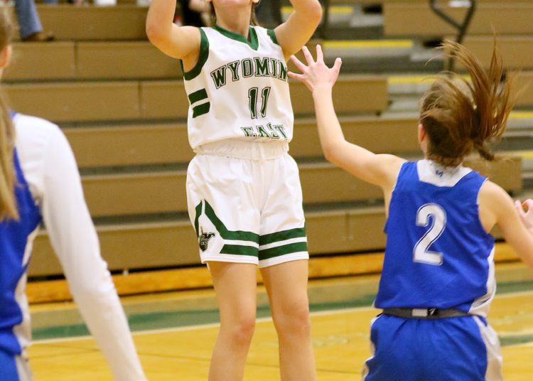 (Brad Davis/For LootPress) Wyoming East's Cadee Blackburn shoots against Mercer Christian Thursday night in New Richmond.