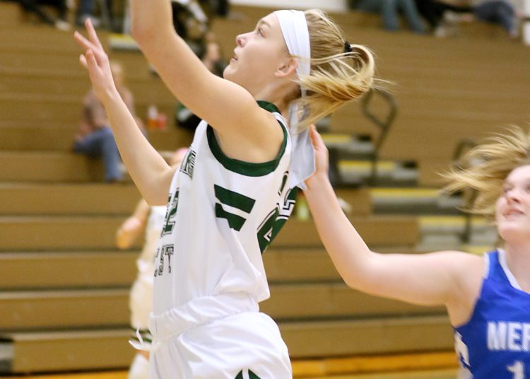 (Brad Davis/For LootPress) Wyoming East's Kayley Bane drives to the basket against Mercer Christian Thursday night in New Richmond.