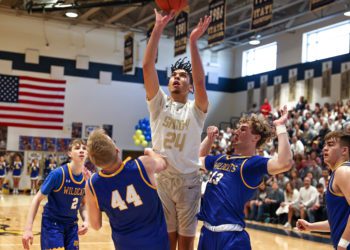 Shady Spring's Cameron Manns goes up for a shot during a game against Logan on Feb. 19 
(Karen Akers)