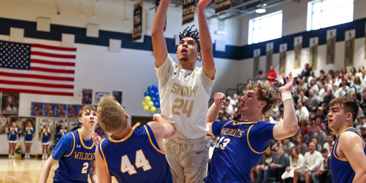 Shady Spring's Cameron Manns goes up for a shot during a game against Logan on Feb. 19 
(Karen Akers)