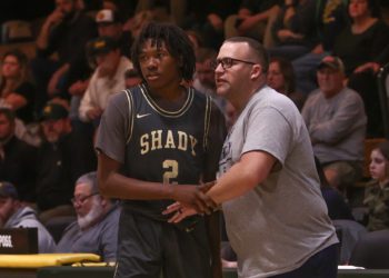 Shady Spring head coach Ronnie Olson coaches sophomore Ammar Maxwell up during a game against Greenrbrier East in Fairlea on Feb. 8 (Karen Akers/File Photo)