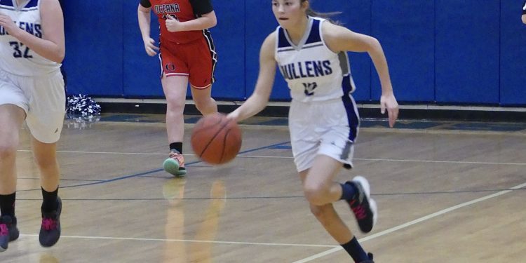 Mullens' Abby Baker bring the ball up the court against Oceana during a game in January.