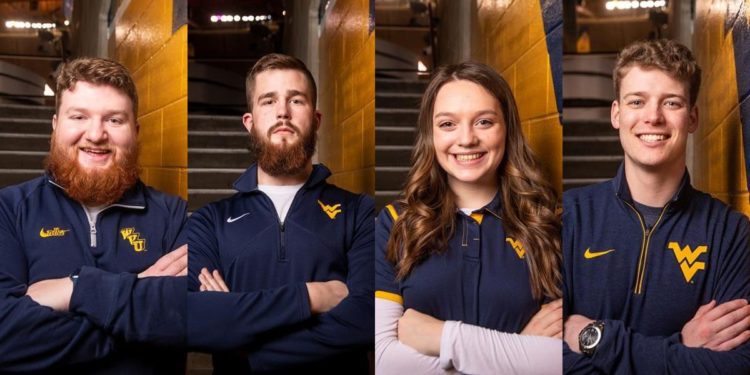 The 2022 Mountaineer Mascot finalists are Logan Moore, Aidan Priest, Mary Roush and Gunnar Webb. The four will compete in a cheer-off Saturday (Feb. 26) at the men's basketball game vs. Texas at 2 p.m. in the WVU Coliseum. (WVU Photo/Matt Sunday)