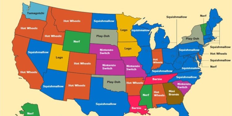 Map Showing the Most Popular Holiday Toy in Each State for 2022 (PRNewsfoto/Premium Joy)