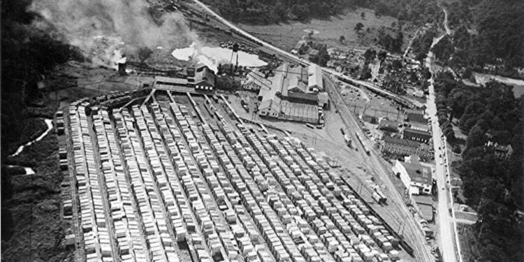 An aerial view of the Meadow River Lumber Company in Rainelle.