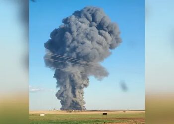 Smoke is visible a day after a massive explosion at a Texas dairy farm that left one person critically injured and 18,000 cattle dead. (Castro County Sheriff's Office)