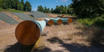 Sections of steel pipe for the Mountain Valley Pipeline are pictured Aug. 31, 2022, in Bent Mountain, Virginia. ( Robert Nickelsberg/Getty Images)