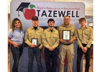 Pictured left to right are Welding Instructor Katie Lindsey, Landon Lucas, Dalton Scott Golcher, Masonry Instructor Robert "Spot" Steele, and Dylan Becher.