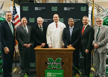 Marshall University Photo | Pictured from left are: Marshall Health Network CEO Dr. Kevin W. Yingling, Mon Health System CEO David S. Goldberg, Marshall University President Brad D. Smith, Intermed CEO and Co-Founder Dr. Tom McClellan, Intermed CEO and Co-Founder Ashok Aggarwal,  Marshall University Vice President of Strategic Initiatives Toney Stroud, and Joan C. Edwards School of Medicine Dean Dr. David Gozal.
