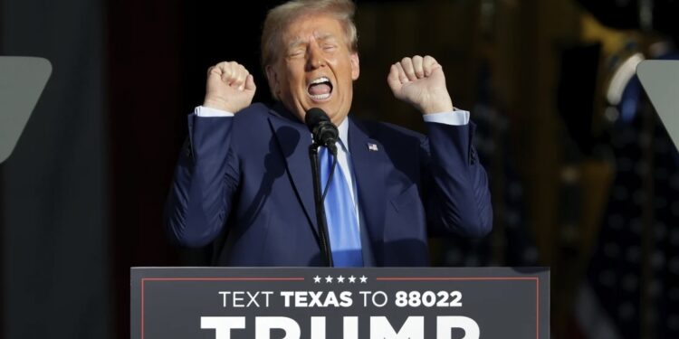 Former President Donald Trump gestures as he gives remarks during a campaign event held at Trendsetter Engineering, Thursday, Nov. 2, 2023, in Houston. (AP
Photo/Michael Wyke)