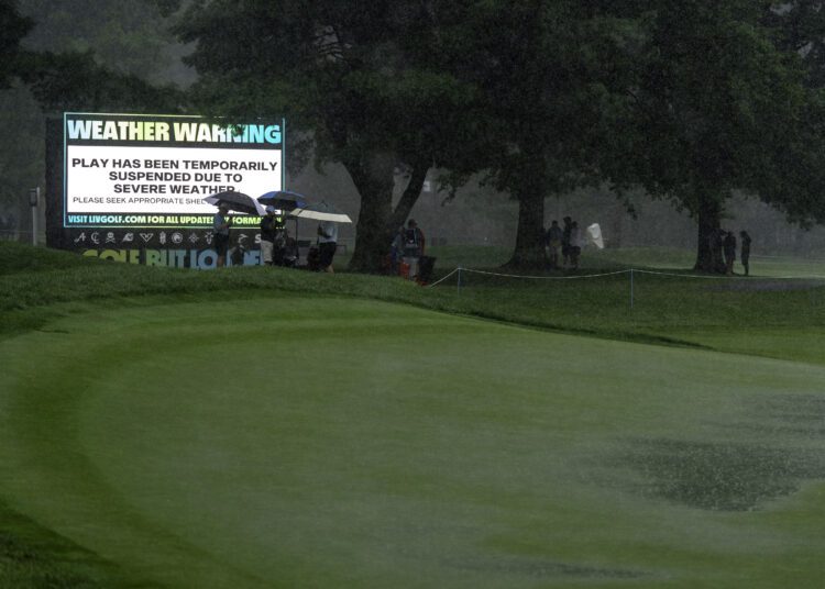 Overview shot of rain during the first round of LIV Golf Greenbrier at The Old White at The Greenbrier on Friday, August 16, 2024 in White Sulphur Springs, West Virginia. (Photo by Emily Burke/LIV Golf)