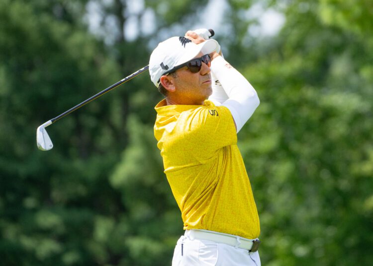 Captain Sergio Garcia of Fireballs GC hits his shot from the third tee during the second round of LIV Golf Greenbrier at The Old White at The Greenbrier on Saturday, August 17, 2024 in White Sulphur Springs, West Virginia. (Photo by Mike Stobe/LIV Golf)