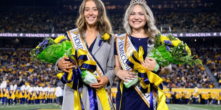 Selected by their peers, Hannah Warden (left) and Megan Frappier were named the 2024 WVU Homecoming Royalty during the halftime ceremony Saturday (Oct. 19) at the football game against Kansas State. (WVU Photo/Matt Sunday)