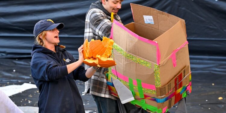 The West Virginia University Benjamin M. Statler College of Engineering and Mineral Resources welcomes students and teachers from across West Virginia for the 35th annual Pumpkin Drop Friday, October 25, 2024. The event features design plans from students K-12th grade who see their entries dropped from the roof of the Engineering Sciences Building. (WVU Photo/Jennifer Shephard)