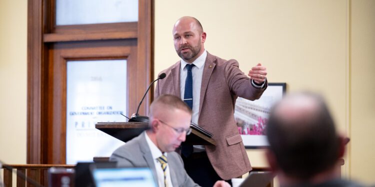 Delegate Adam Burkhammer (R-Lewis) speaks at the House Health and Human Services Committee meeting on Feb. 18, 2025.