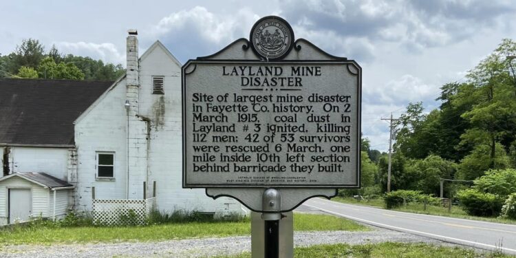 A historical roadside marker sits off State Route 41 in Layland near the site of the mine.