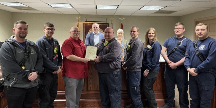 L to R: TJ Maxey, Corey Cooper, Jason Whiting, Commissioner Greg Duckworth,  Zach Honaker, Commissioner Linda K. Epling, Devin Coalson, Tori Honaker, Levi Williams, and William Cox.