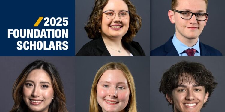 Five outstanding high school seniors from across the Mountain State have been selected as the 2025-26 WVU Foundation Scholars. They are (clockwise from top left) Paige Fox, Noah Galvin, Luke Tiu, Zoey Hoffman and Emily Garrett. (WVU Graphic)