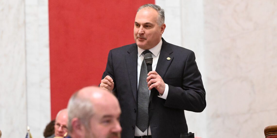 Sen. Brian Helton, R-Fayette, speaks in support of SB 538—his bill to strengthen land banks—during Senate debate on March 19 when the bill passed 31-2. (Will Price | West Virginia Legislative Photography)